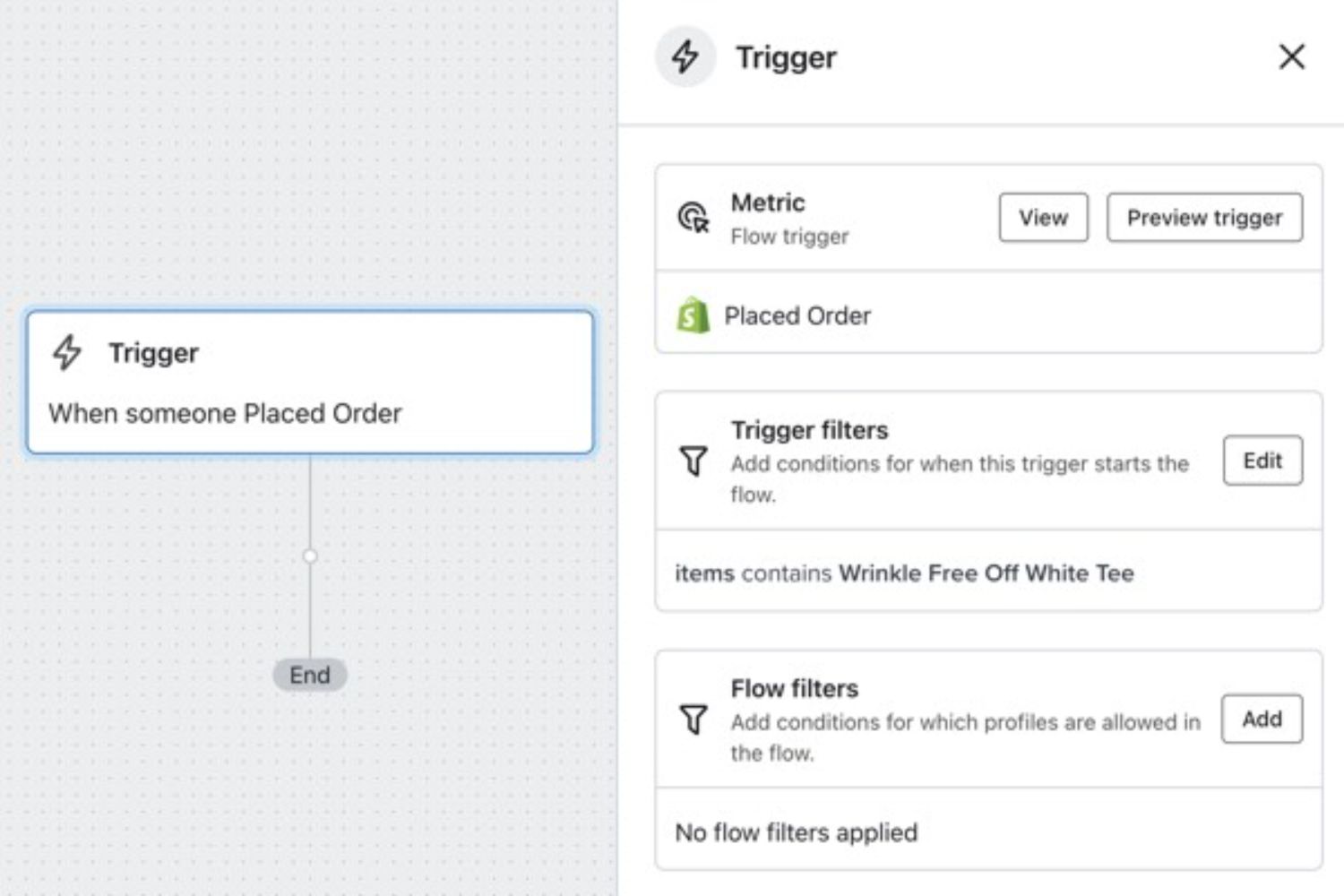 Metric-Based Triggers.jpg: "Klaviyo metric-based trigger setup with an example flow for placed orders with specific trigger and flow filters."