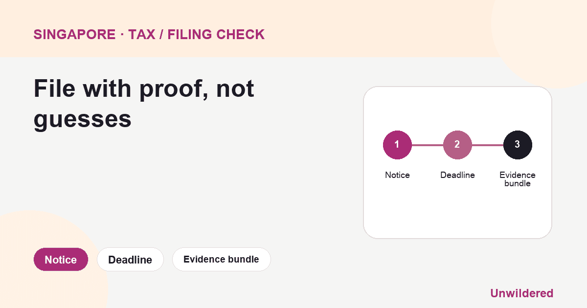 Process diagram for Singapore IRAS Tax Penalty Wrong Return: Notice, Deadline, Evidence bundle.
