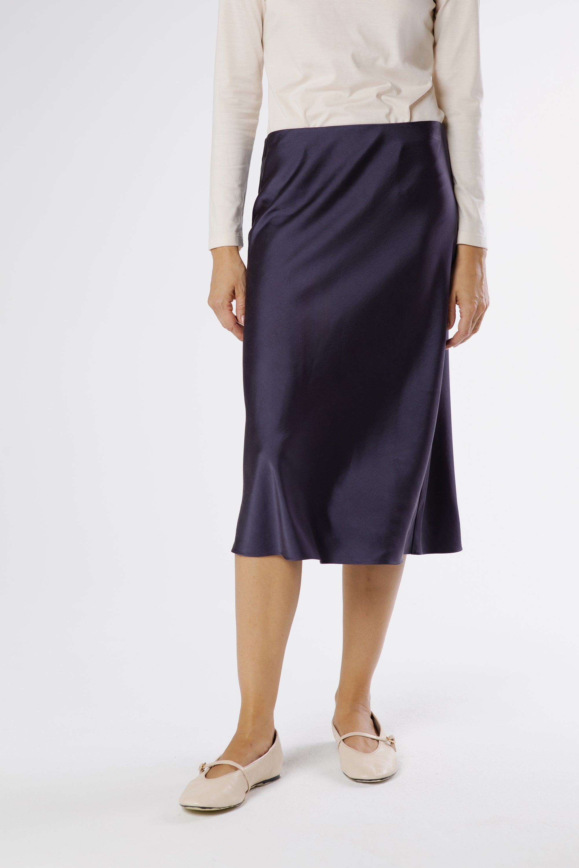 Midi heavy silk satin skirt in Purple – front view with smooth satin finish