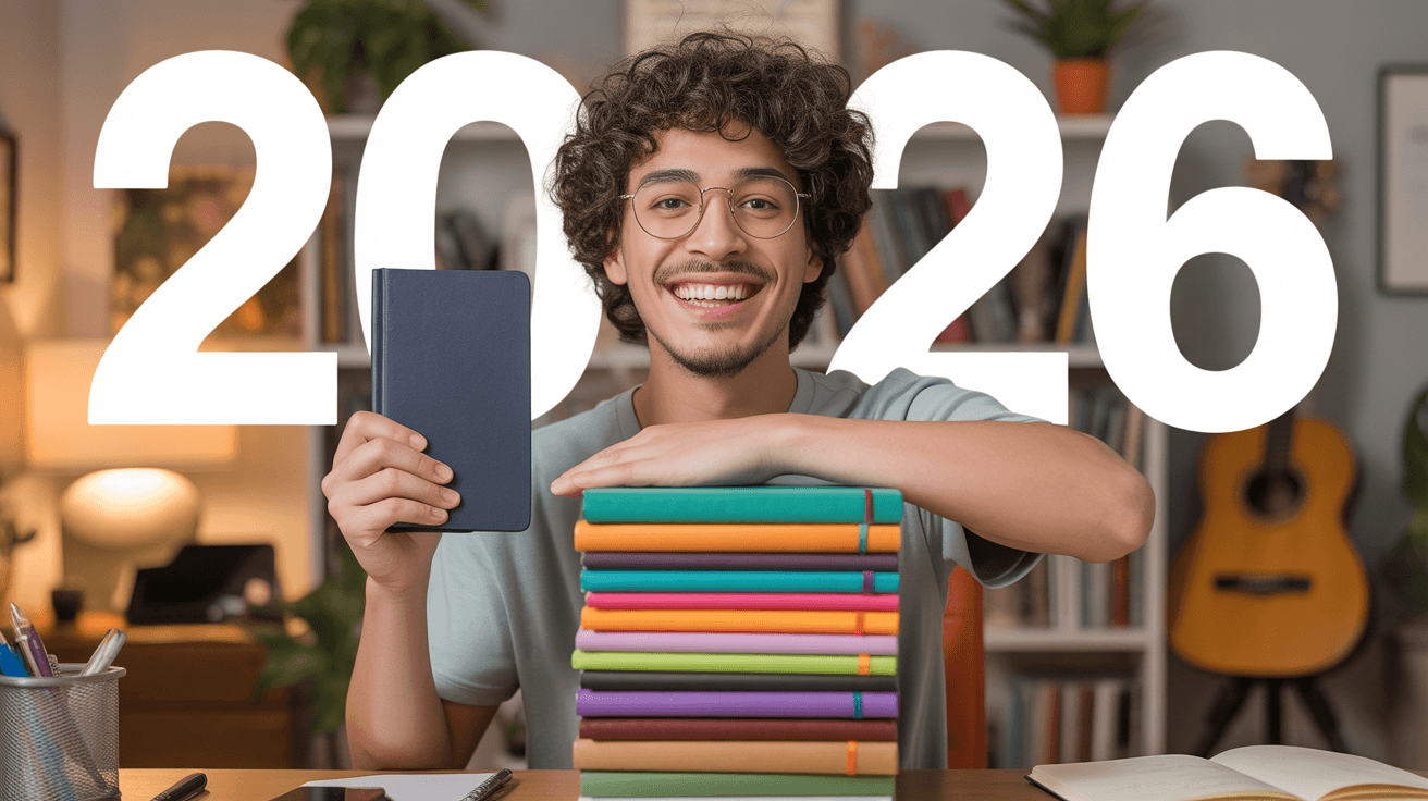 Smiling creator holding journal beside colorful notebook stack with large 2026 text