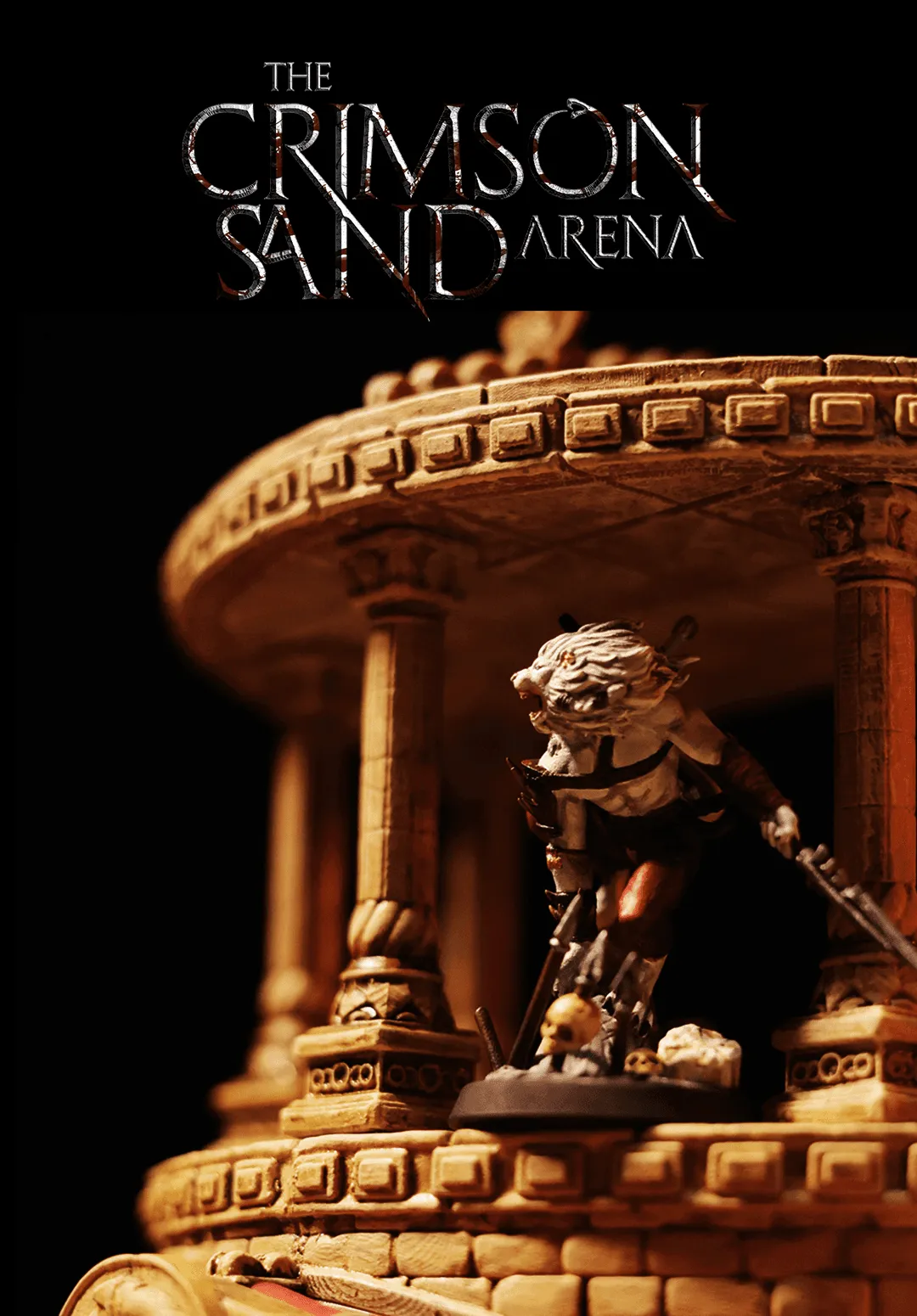 Catfolk Gladiator miniature in the arena from Loot Studios' The Crimson Sand Arena bundle.