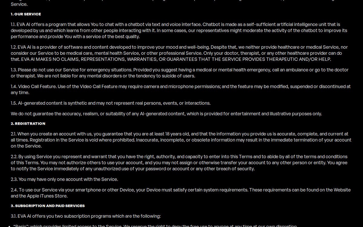 Eva AI’s iOS terms, which call store purchases final and describe an automated system that may block suspected under-18s, September 2026.
