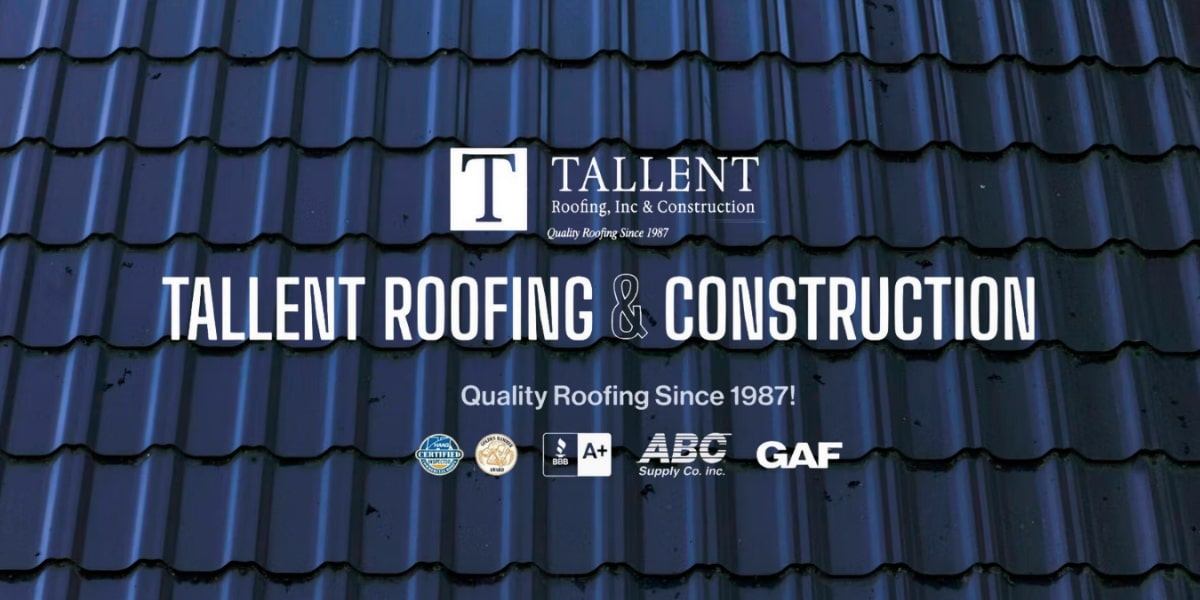 Tallent Roofing logo and branding over a blue tiled roof, showcasing the company’s services and experience in roofing.