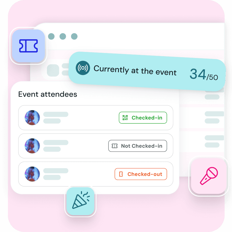 Lounge live check-in and check-out dashboard showing guest attendance tracking and real-time event participation for campus chapters