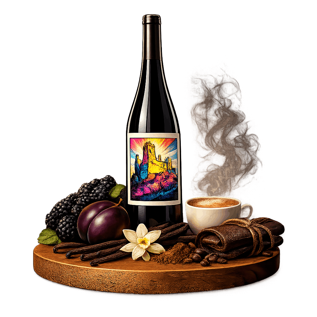 Artistic label and flavor profile for Spanish Ribera del Duero Red on a rustic wooden table.