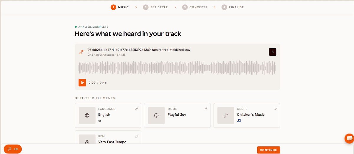 The Music step in the Atlabs Kids Music Video workflow, where you paste a Suno link or upload a file