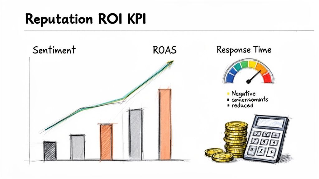 Chart illustrating Reputation ROI KPIs: sentiment and ROAS growth, with reduced negative comments impacting finances.