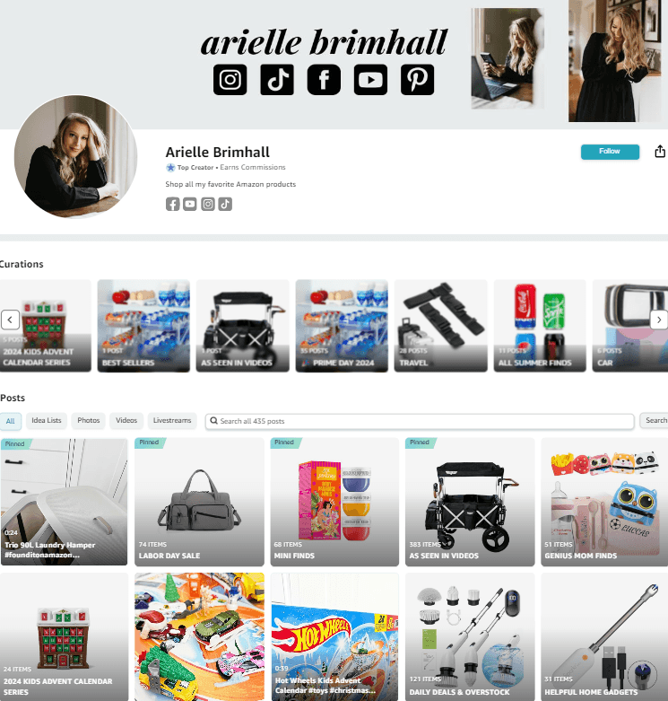 screenshot of influencer Arielle Brimhall’s amazon storefront