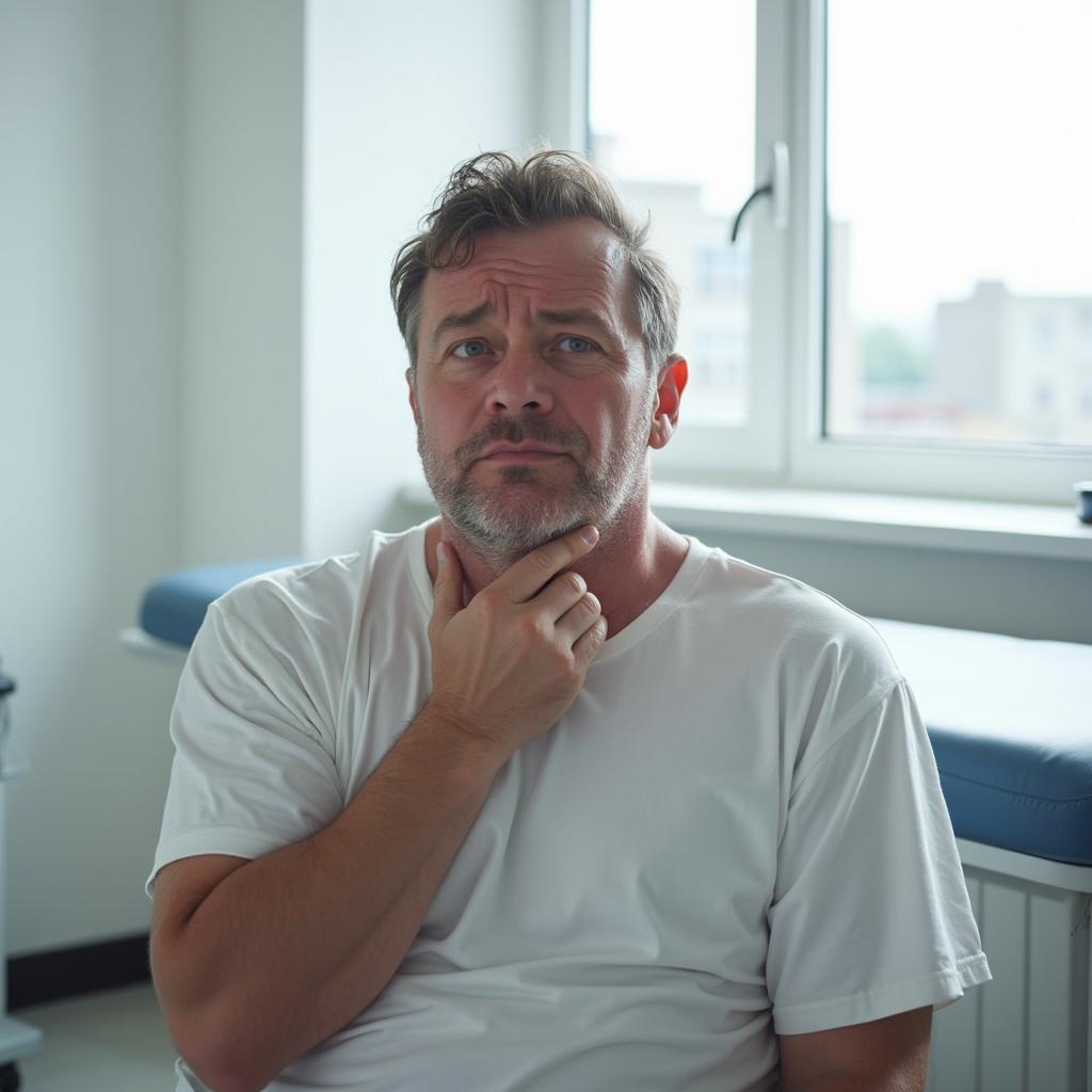 Hombre cansado con molestias en el cuello, posible síntoma de disfunción tiroidea.