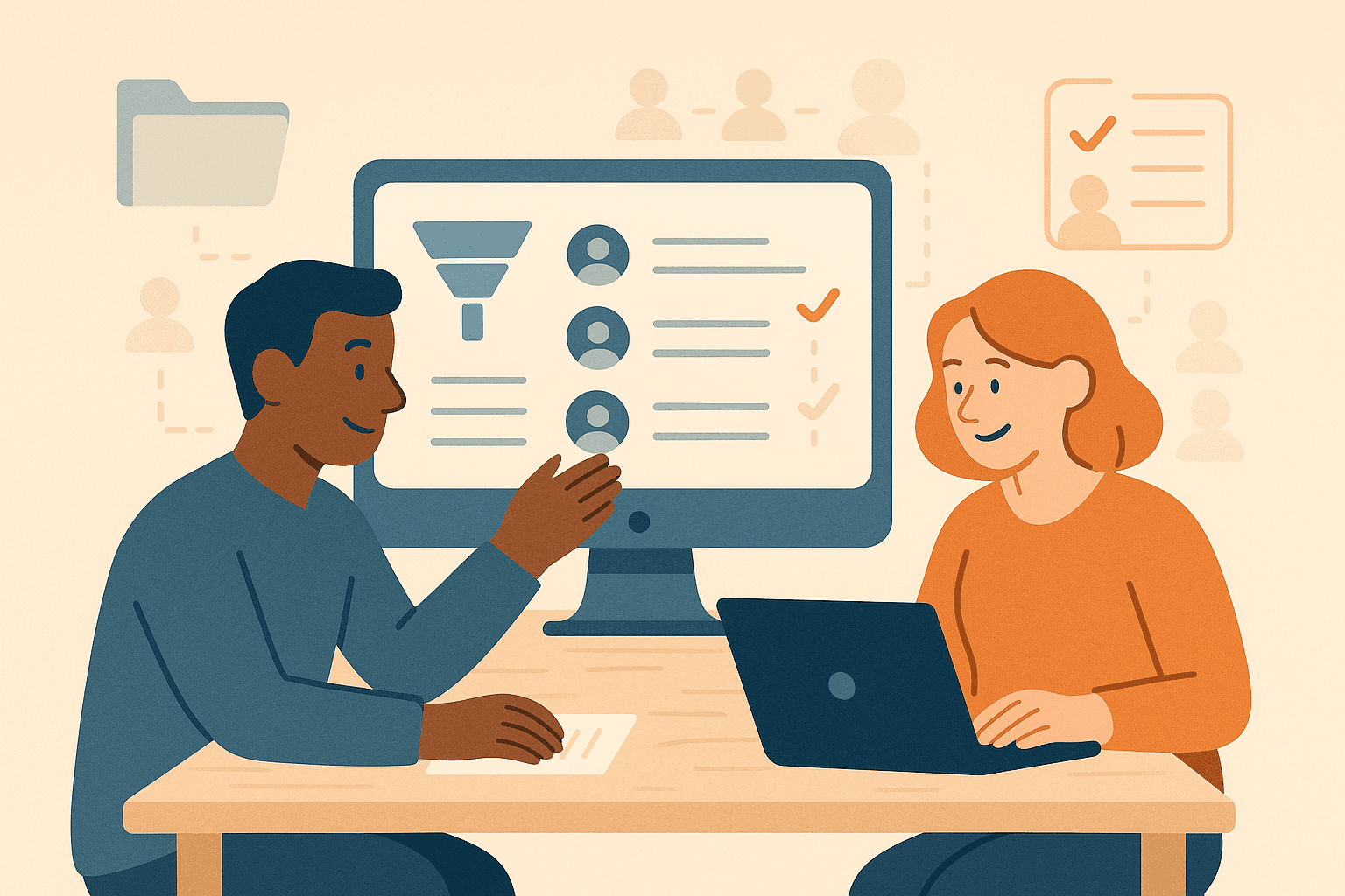 Two nonprofit professionals clean up a CRM dashboard, removing old data and organizing donor lists in a warm, minimalist office scene.