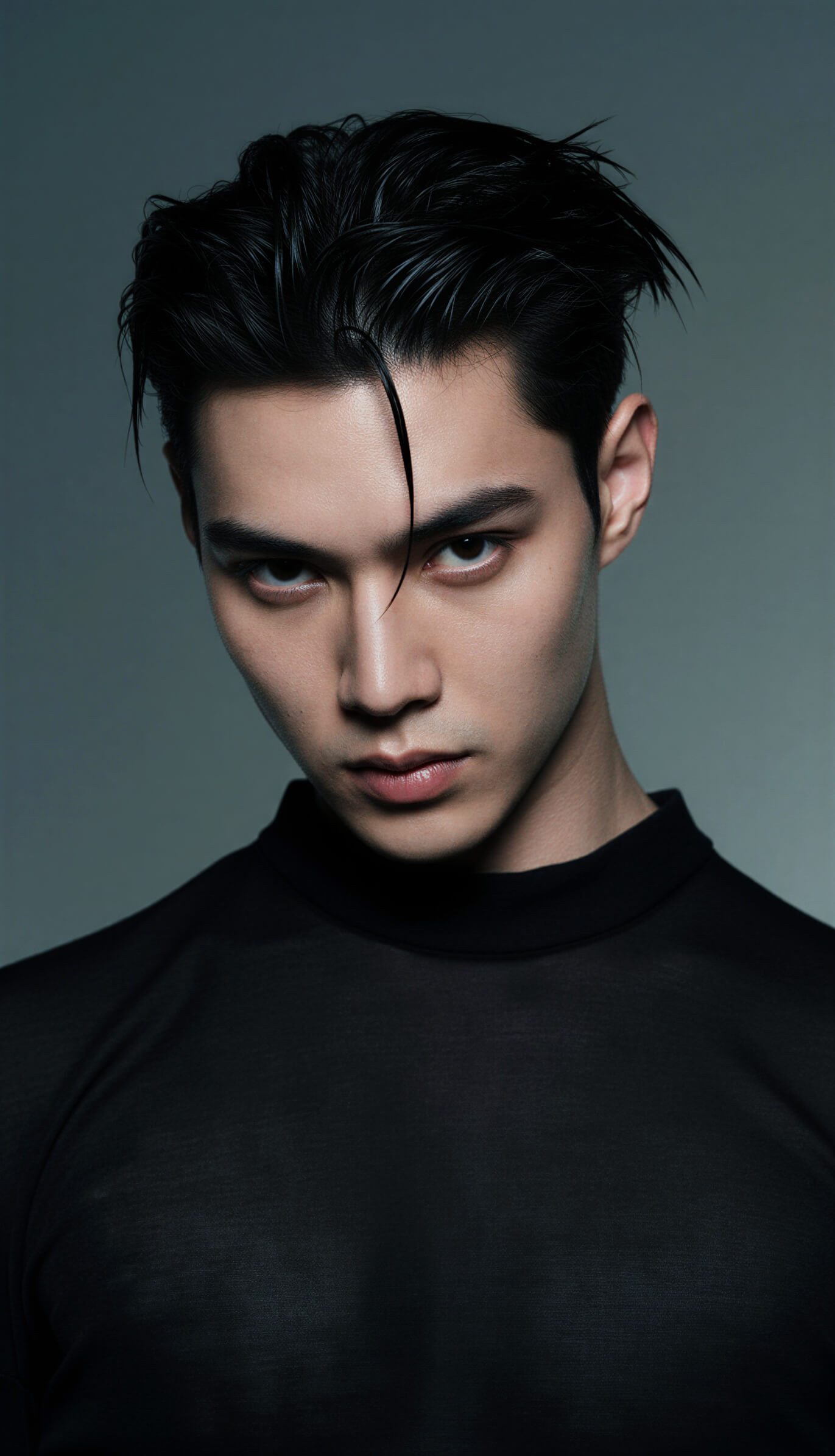 Intense editorial headshot of a male model in black clothing with a slicked-back hairstyle and dramatic lighting.
