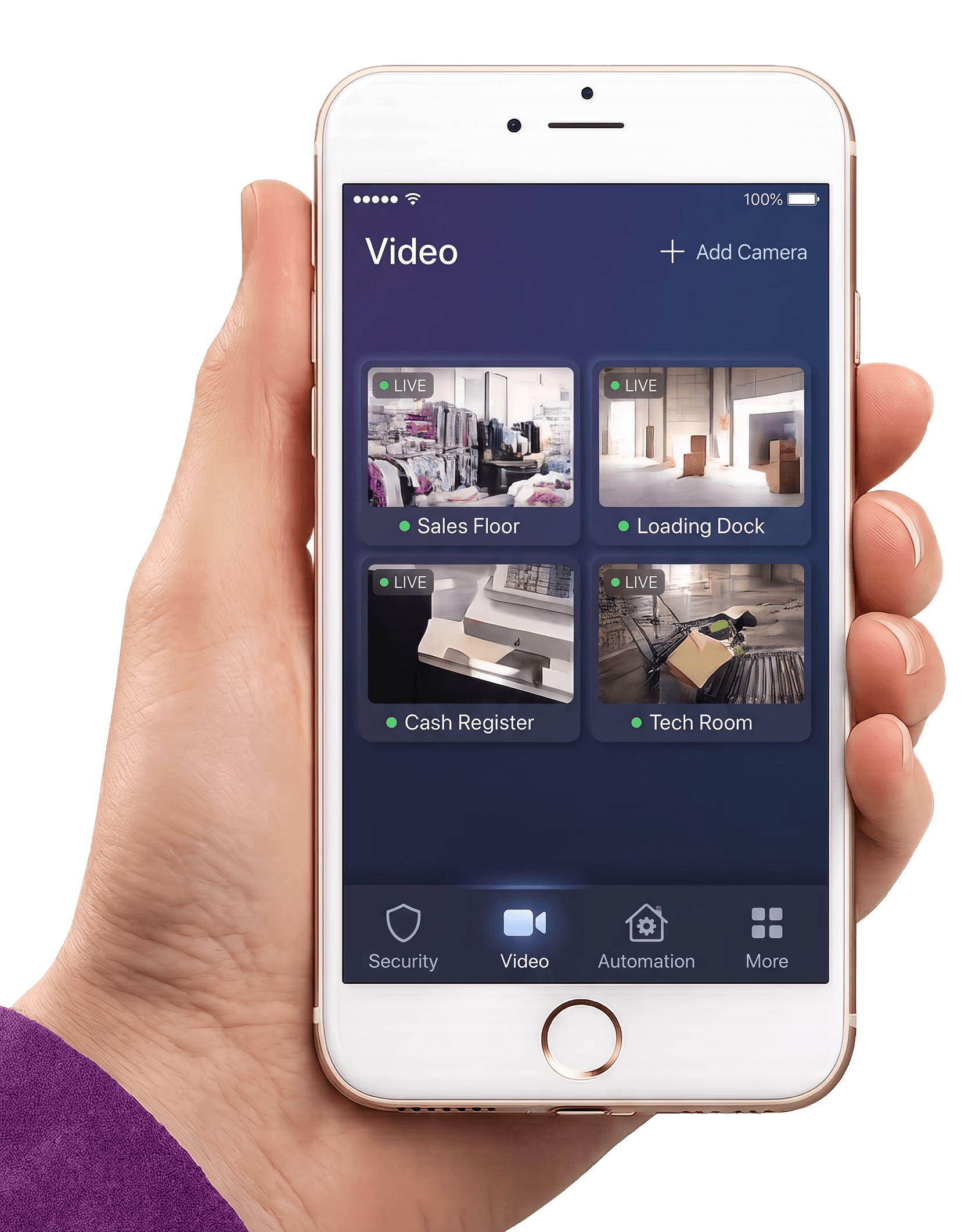 Hand holding a phone with live business surveillance camera views