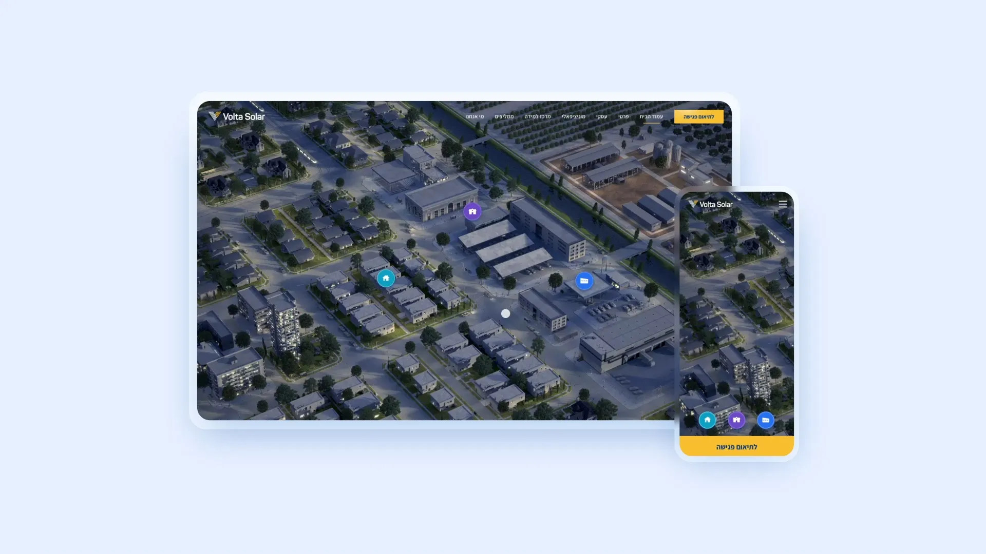 Volta Solar dashboard on laptop and phone showing an aerial map of rooftop solar sites