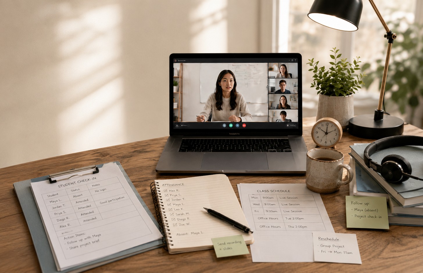 Online class setup with attendance notes, schedules, and follow-up reminders showing the operational workload behind online learning.