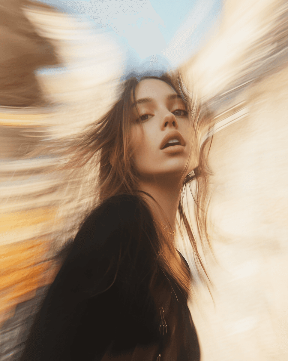 Low-angle portrait of a woman with flowing hair, captured with radial motion blur against a warm outdoor background.
