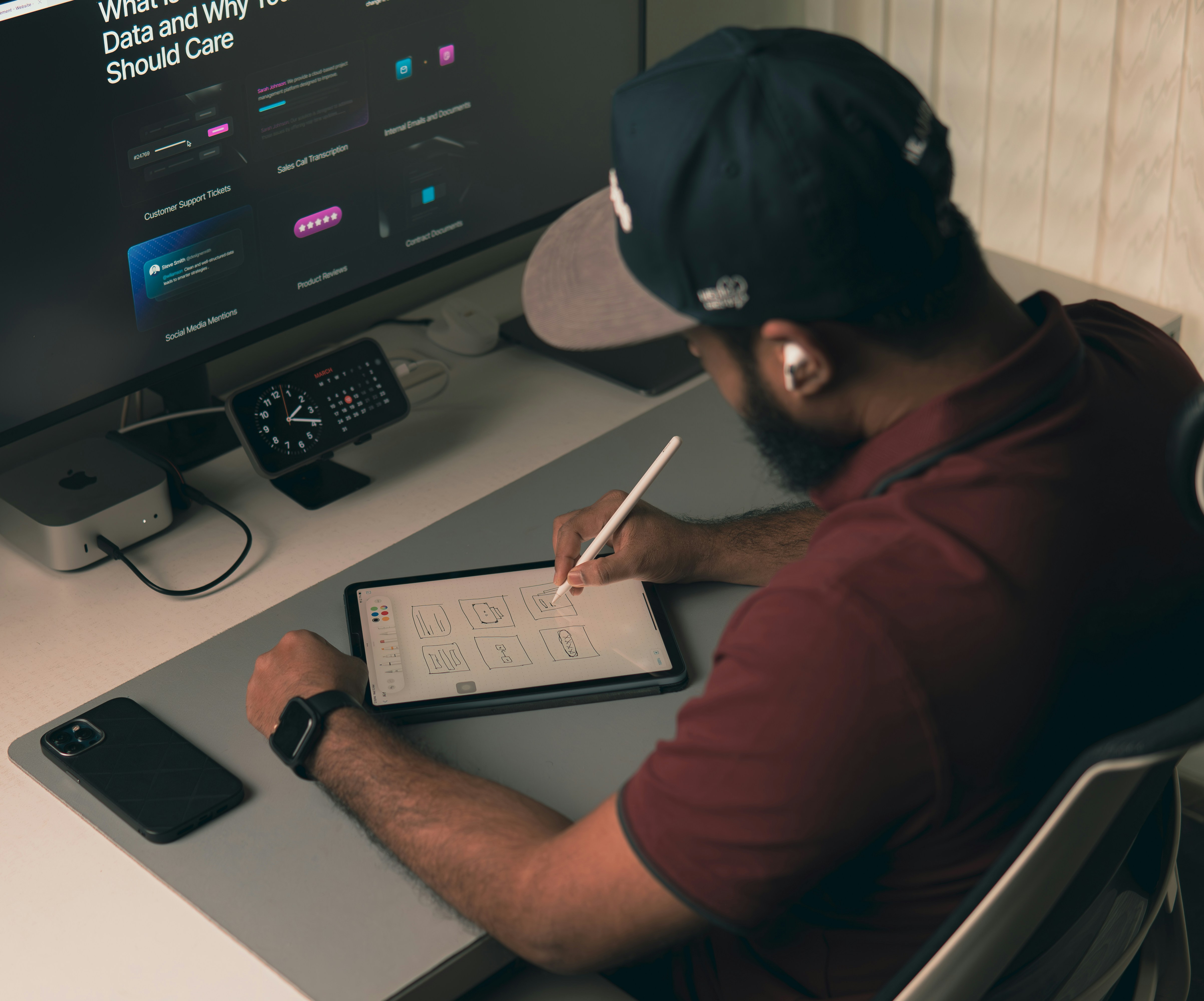Man working at a desk with computer and tablet