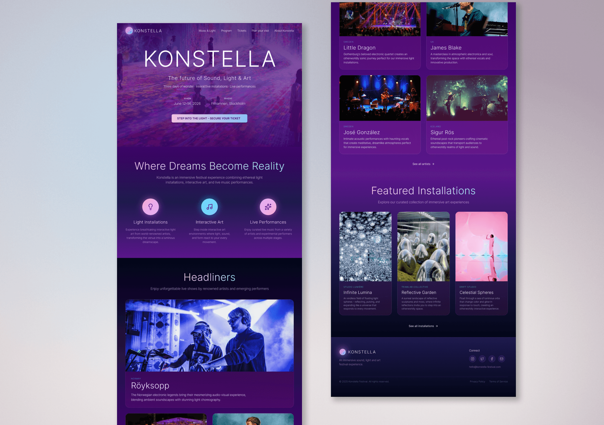 Screenshot of the Konstella festival homepage showing a purple-themed design with hero section, headliners, featured installations, and navigation elements