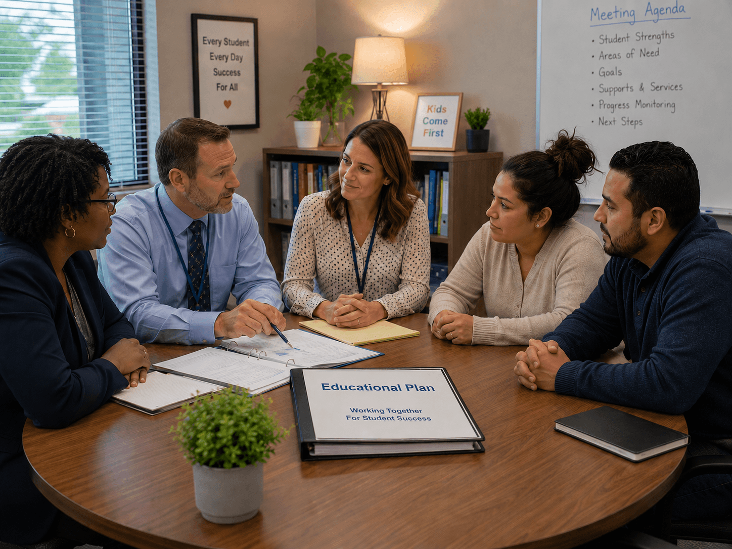 Five adults at a conference table discussing a student's Individual Education Plan