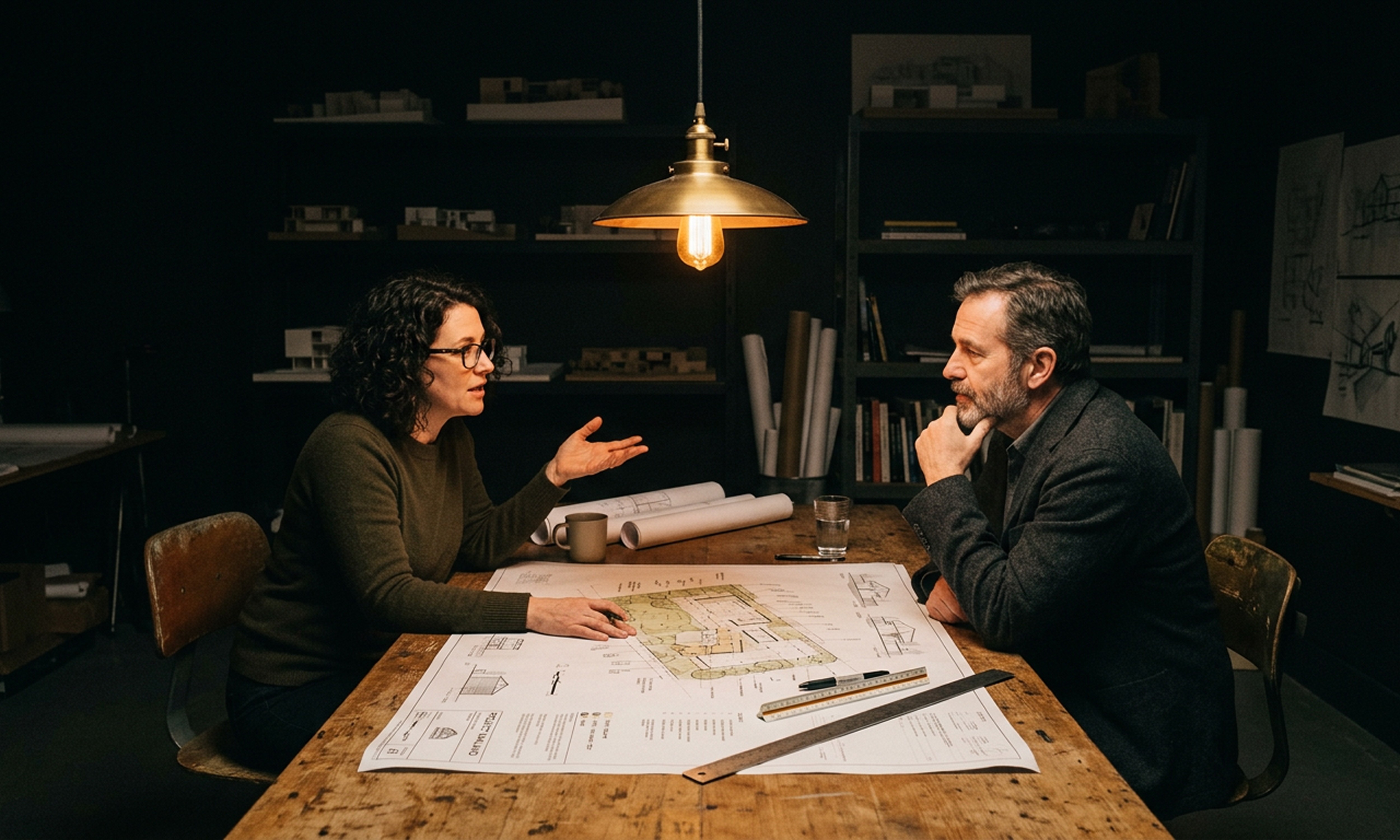 Two architects in quiet conversation over a site plan in a darkened studio, warm amber light above the table