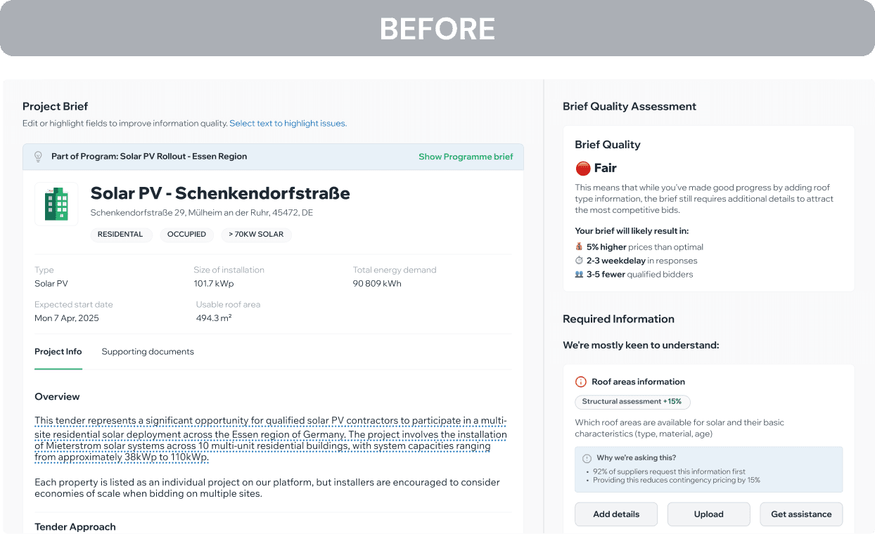 Before and after: combined editing and assessment view split into separate Review and Optimize tabs with clear improvement recommendations