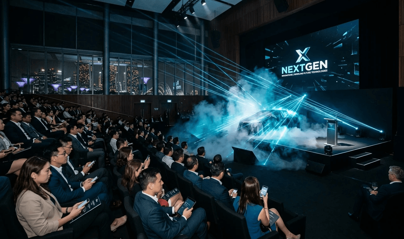 Premium product launch event Singapore main stage reveal with dramatic corporate lighting arrays.