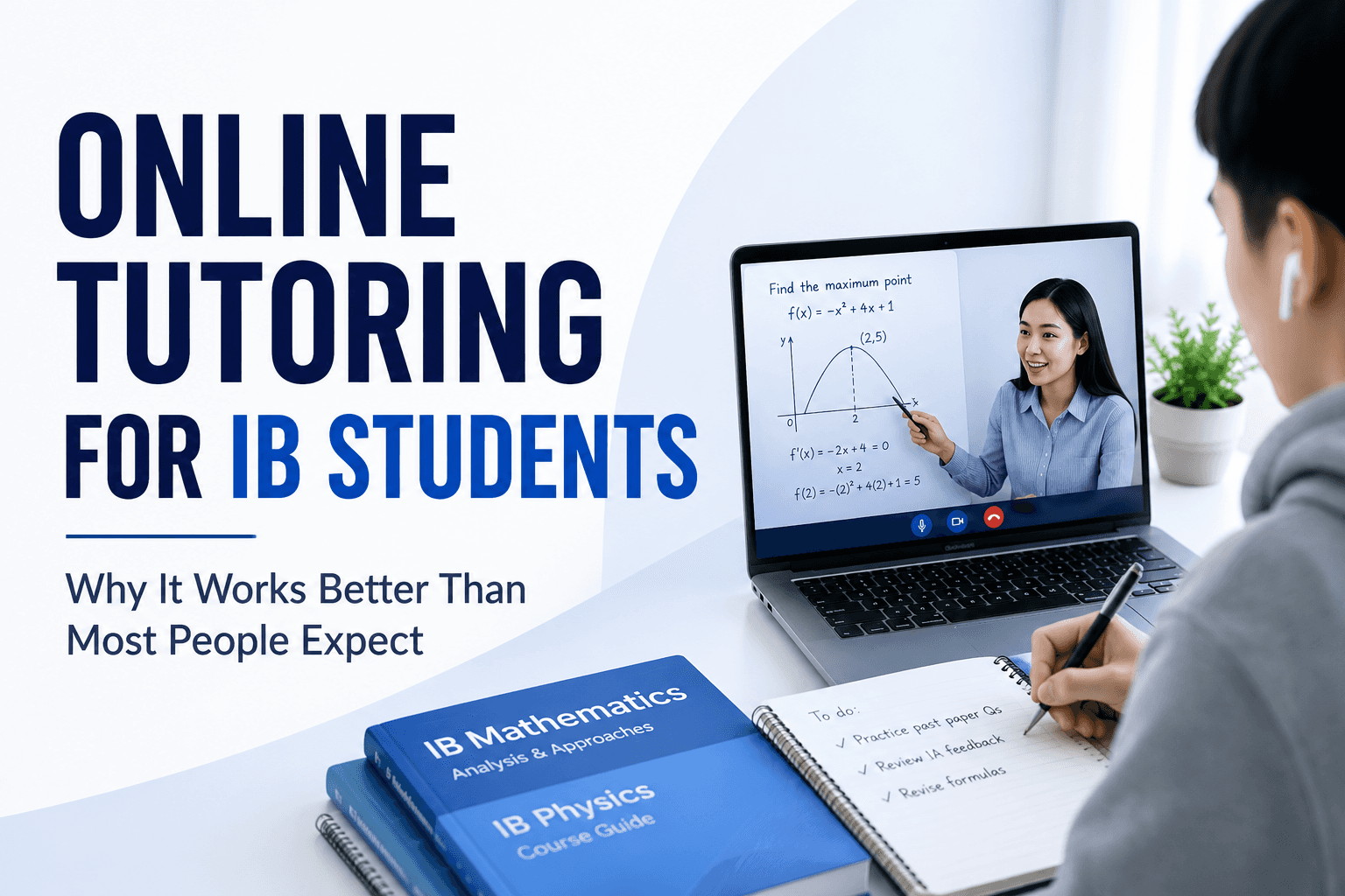 IB student attending an online tutoring session on a laptop.