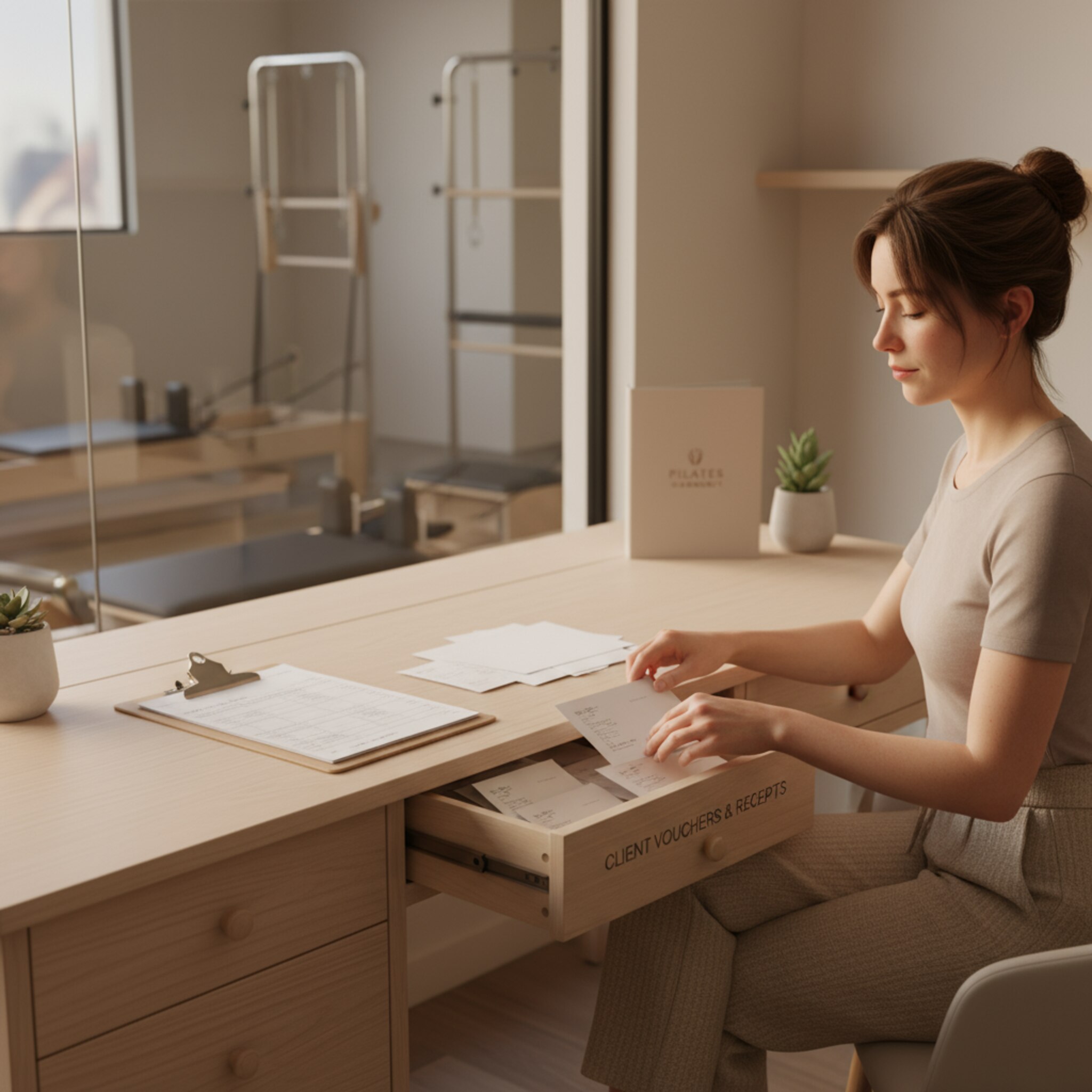 Ein Studioleiter sortiert am Abend Gutscheinumschläge und quittierte Belege in eine beschriftete Schublade. Ein Klemmbrett mit sauber geführter Einnahmenliste liegt griffbereit. Die Beleuchtung ist warm, der Schreibtisch aufgeräumt. Es wirkt professionell, nachvollziehbar und ruhig abgeschlossen.