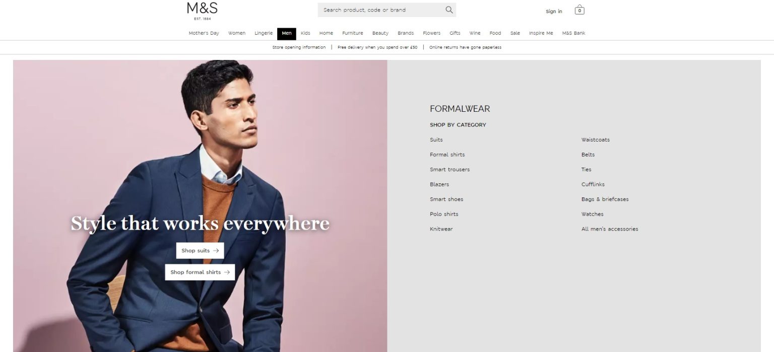 M&S website showcasing men’s formalwear with model in suit