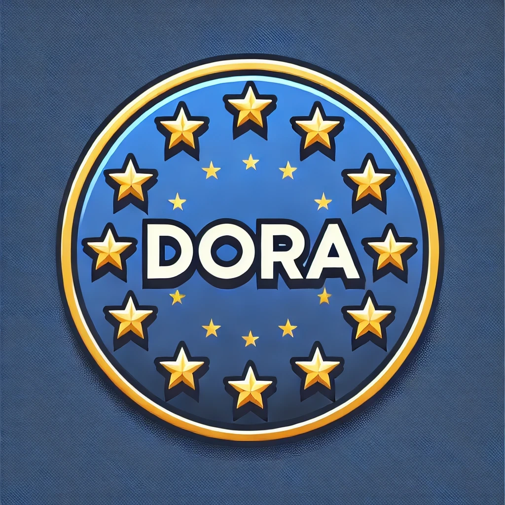 A digital illustration of the European Union flag with the word 'DORA' prominently displayed below the circle of 12 gold stars. The design features the classic deep blue background of the EU flag, with the stars arranged in a circle at the top half. The text 'DORA' is positioned centrally below the stars in a bold, modern font, symbolizing the significance of the Digital Operational Resilience Act within the EU. The style is clean, authoritative, and professional, emphasizing clarity and simplicity.