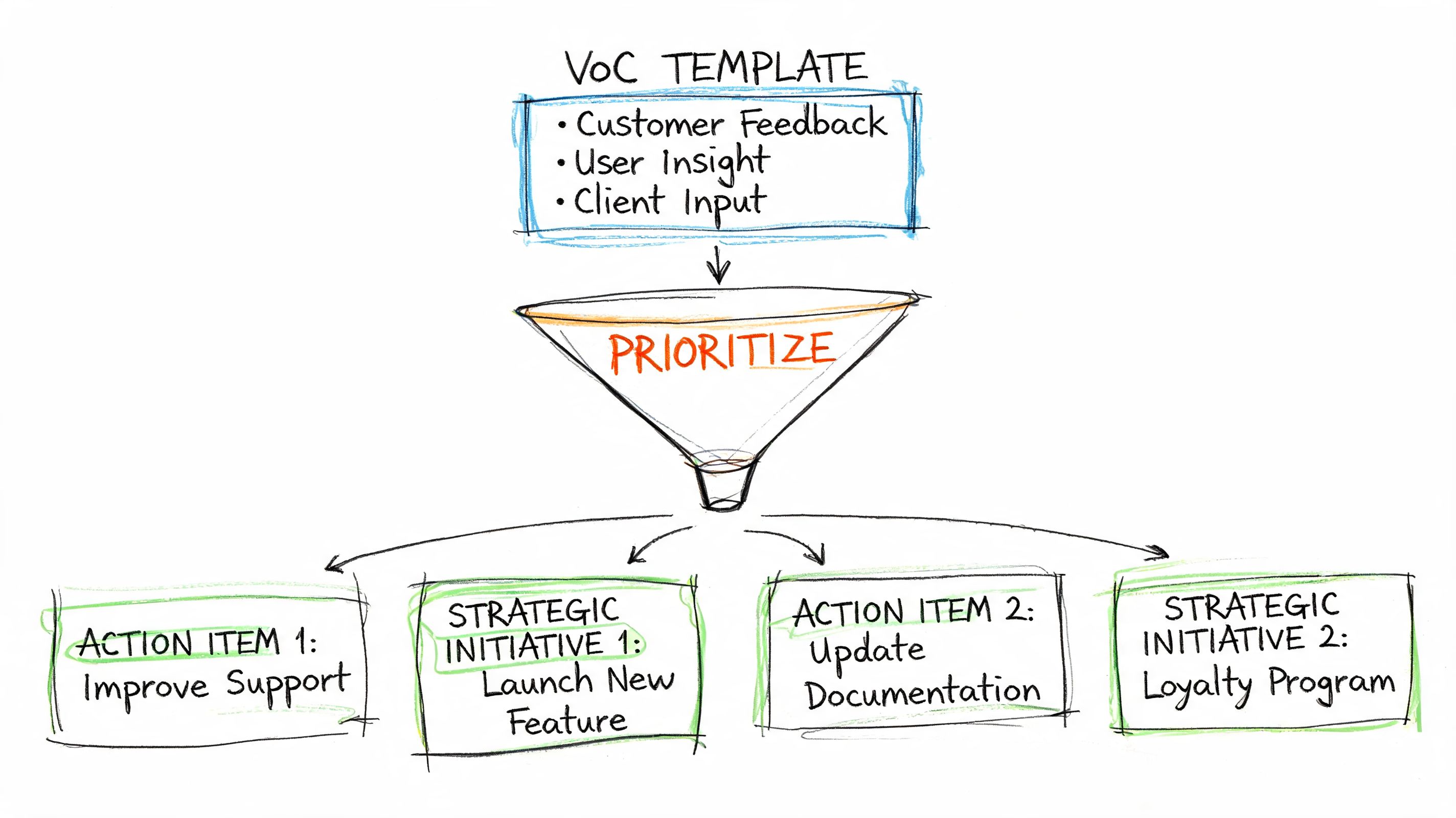 A hand-drawn flowchart illustrating how customer feedback and insights are processed through a prioritization funnel into action items.