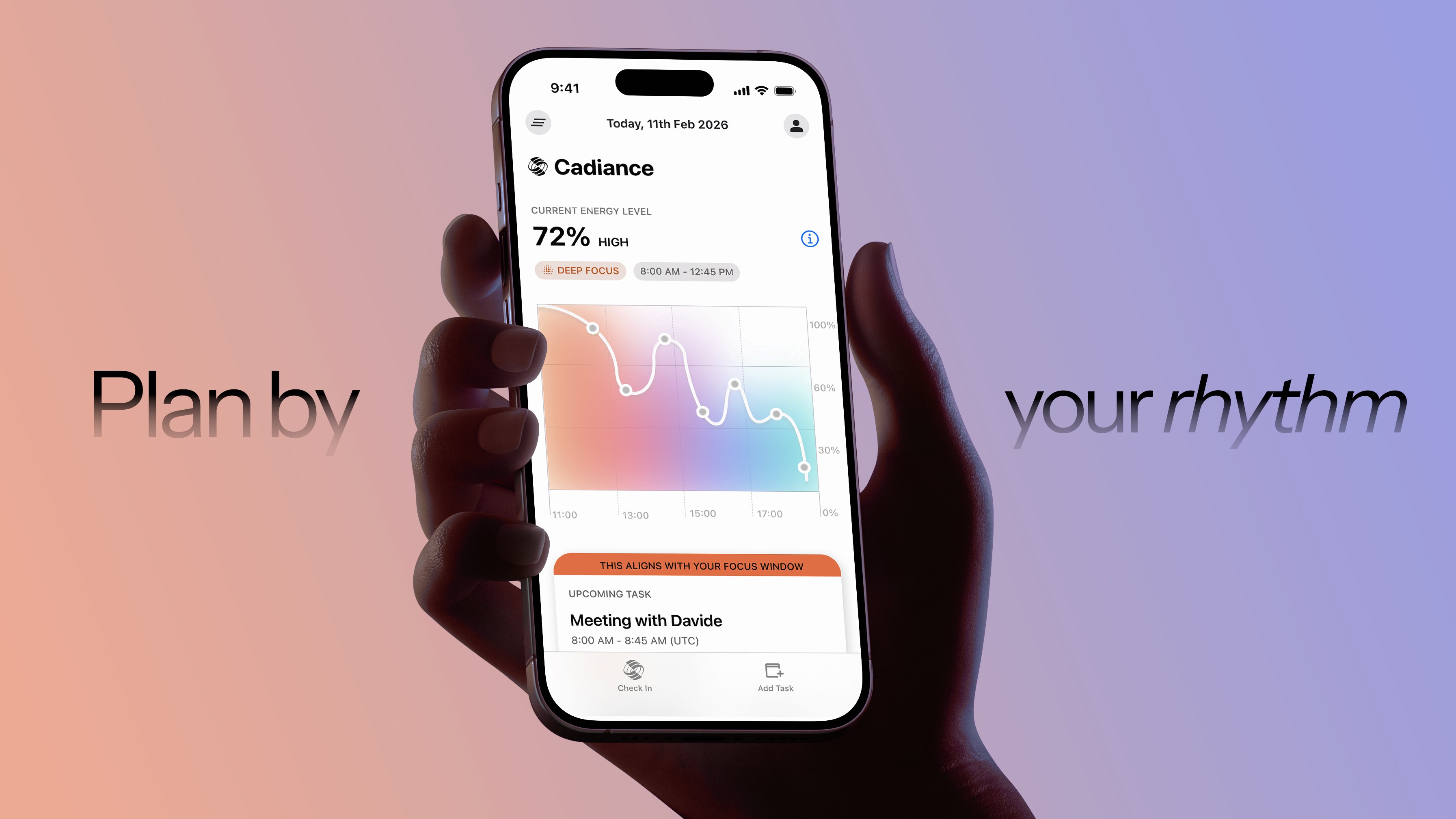 A hand holding a phone showing the Cadence app, between the words “Plan by your rhythm”