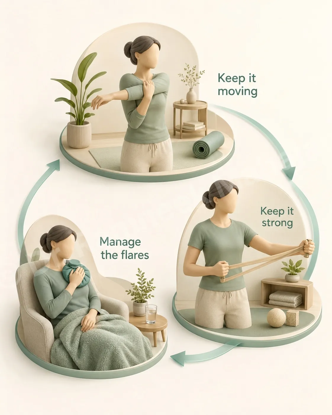 Living well with shoulder arthritis is ongoing: keep it moving, keep it strong, and manage the flares - not a one-time cure.