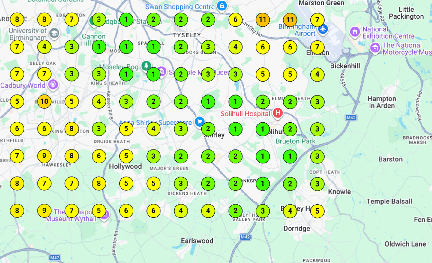 Map scan for "florist in birmingham", 5 June 2026: Ever So Special first across central and south Birmingham, average position 8.51, top three across 28.4% of the grid, first for market share