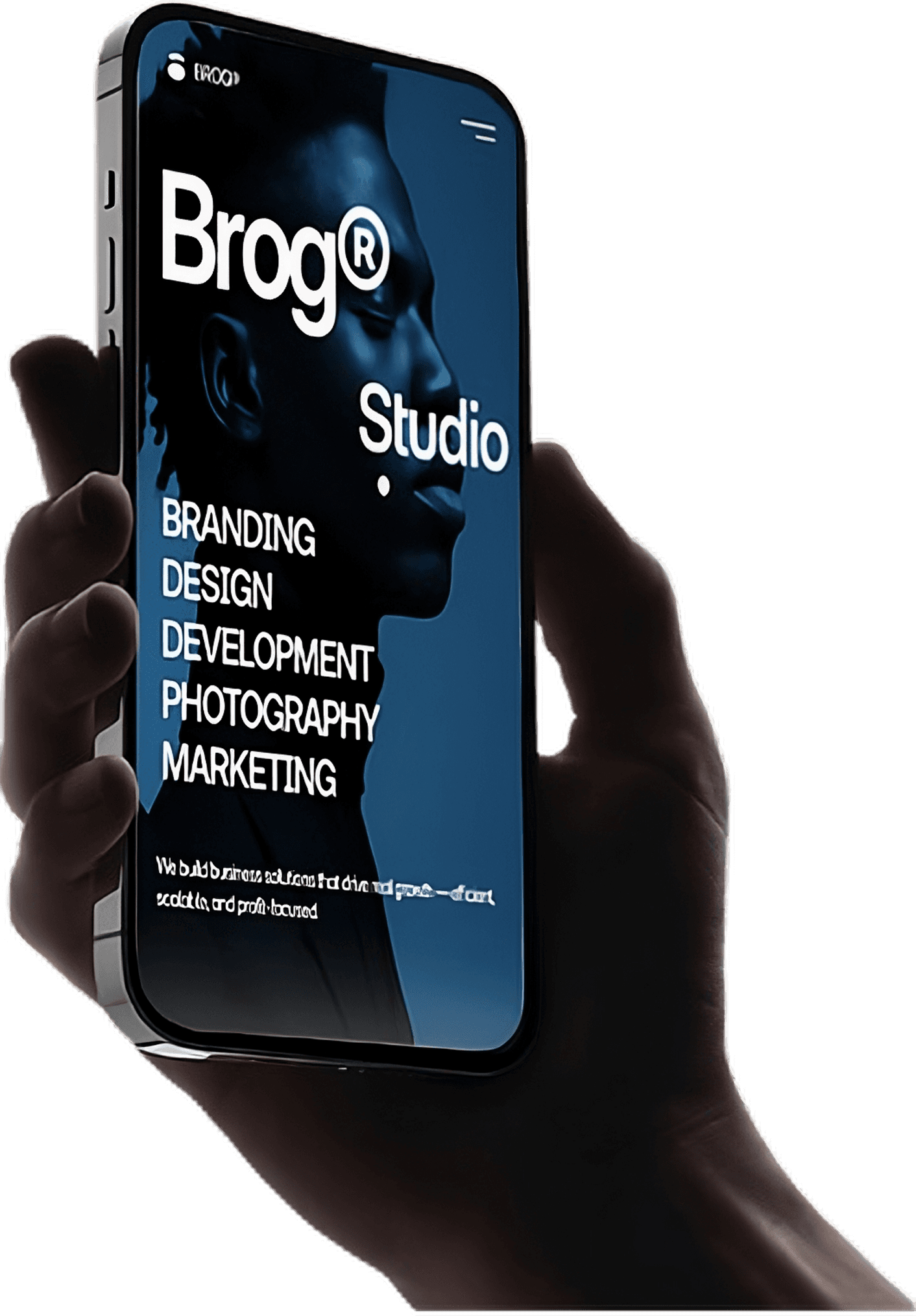 Hand holding a smartphone with a branding and digital design studio website displayed on smartphone interface