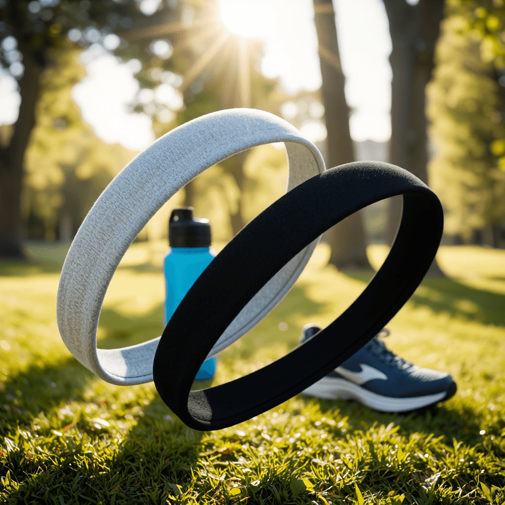 product photography of a set of headbands for sports and fitness use, designed to keep hair in place