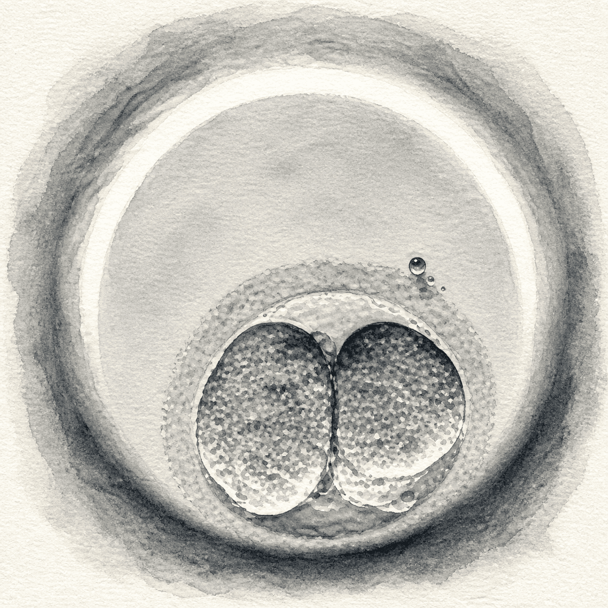 Watercolor study of an embryo replicating under a microscope