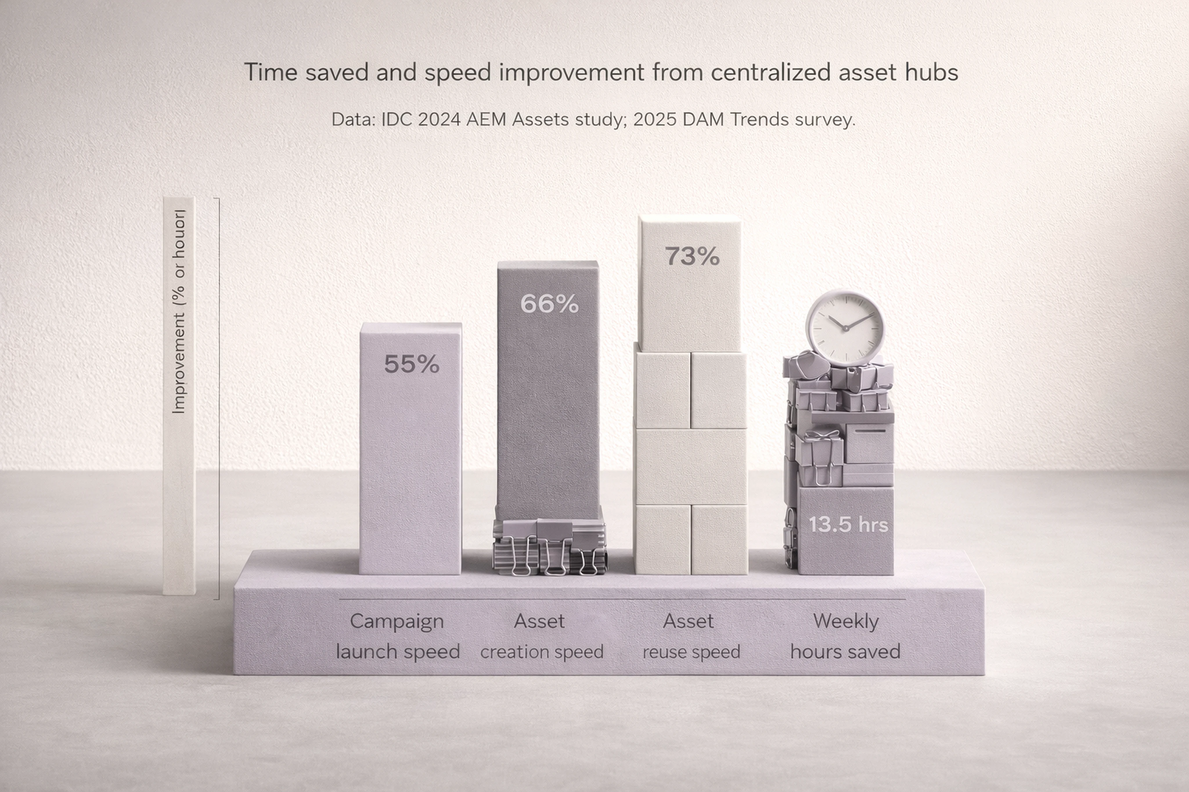 Infographic showing speed and efficiency gains from centralized creative hubs for ad assets.
