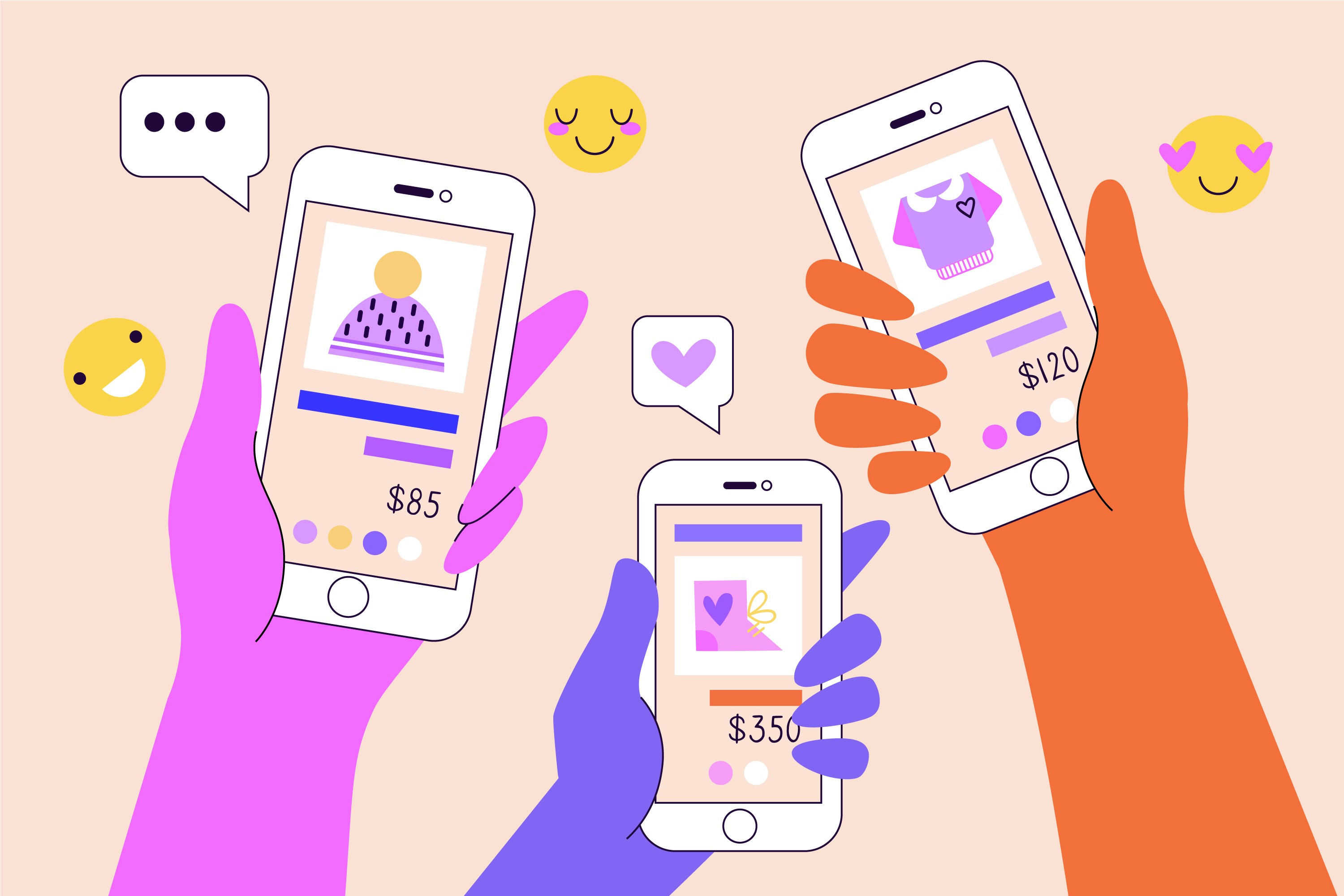 Three hands holding phones displaying shoppable product listings with prices and reactions