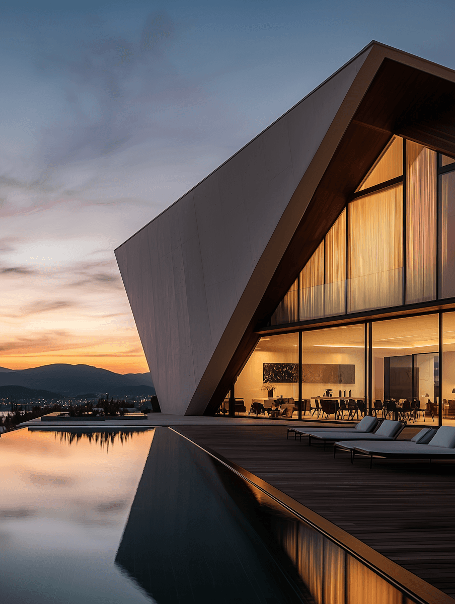 Modern house with sharp angles and large glass windows reflecting a sunset. An infinity pool and lounge chairs in the foreground create a serene ambiance.