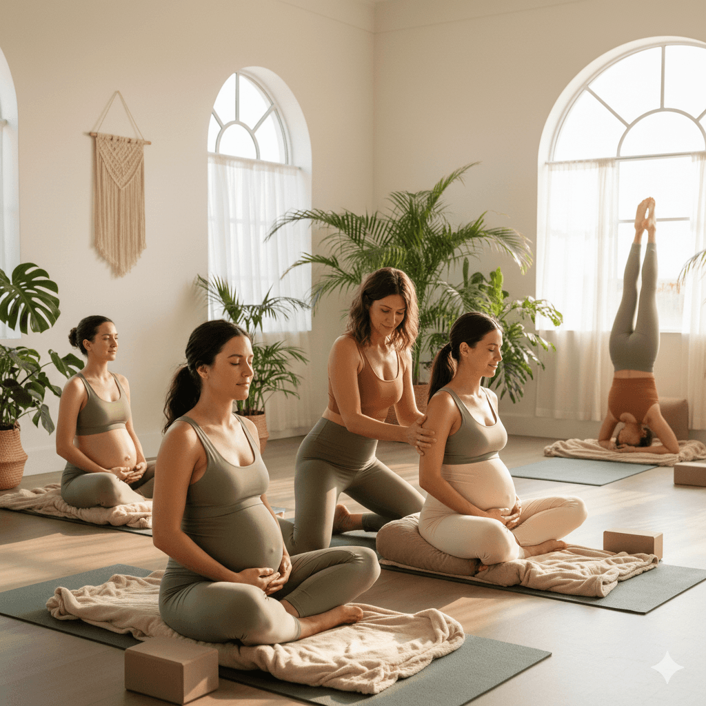 A heartwarming photograph of a mother and her young child practicing yoga together in a sun-drenched, airy studio. They are performing a gentle, synchronized pose on matching mats, emphasizing connection, mindfulness, and the supportive nature of prenatal and postnatal flow