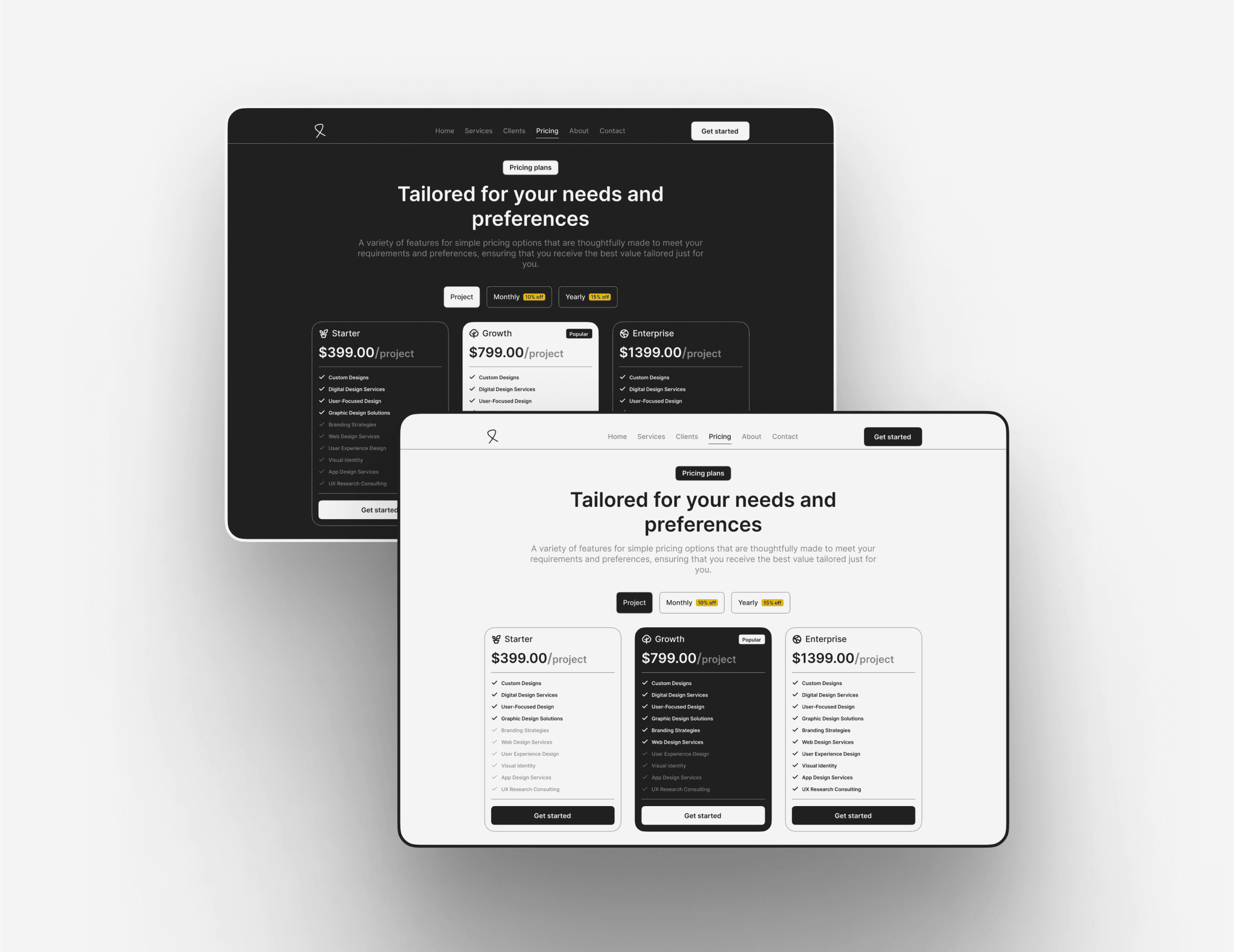 A pricing comparison chart displaying three columns—Starter, Growth, and Enterprise plans—with different pricing options and features, shown in both dark and light UI modes.