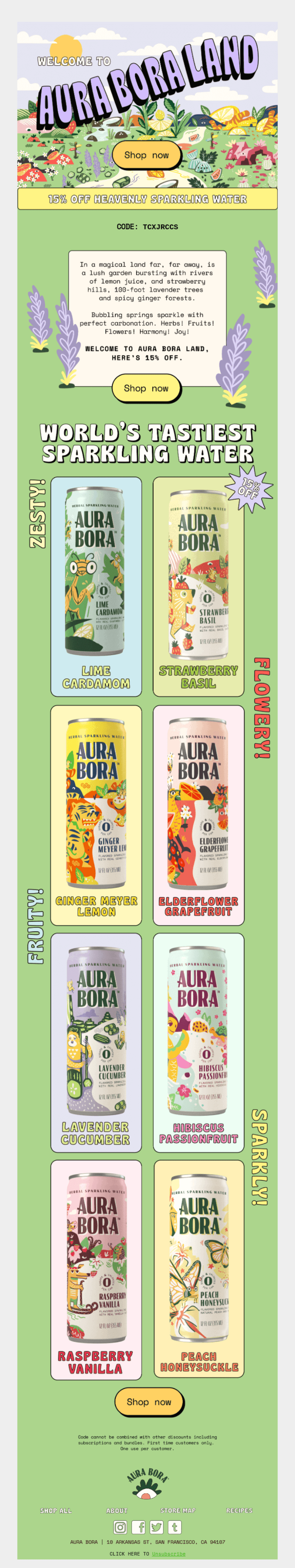 Welcome to Aura Bora Land email featuring sparkling water cans in various flavours with a 15% off discount code. Vibrant design with illustrations of flowers and nature