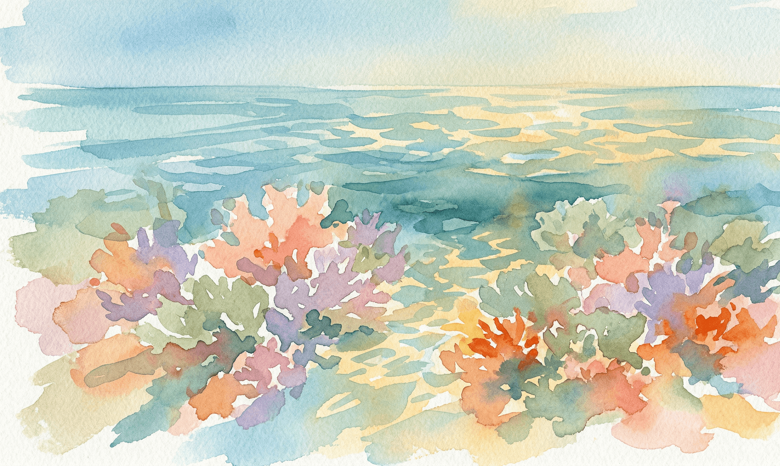 Watercolor coral reef in soft colors seen through clear turquoise water