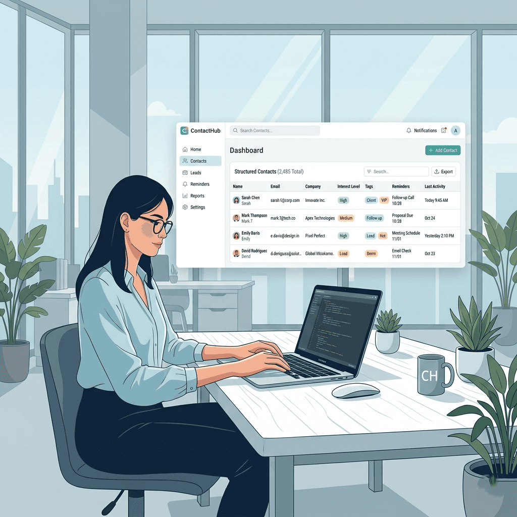 Structured contact database schema with fields like email, company, and interest level