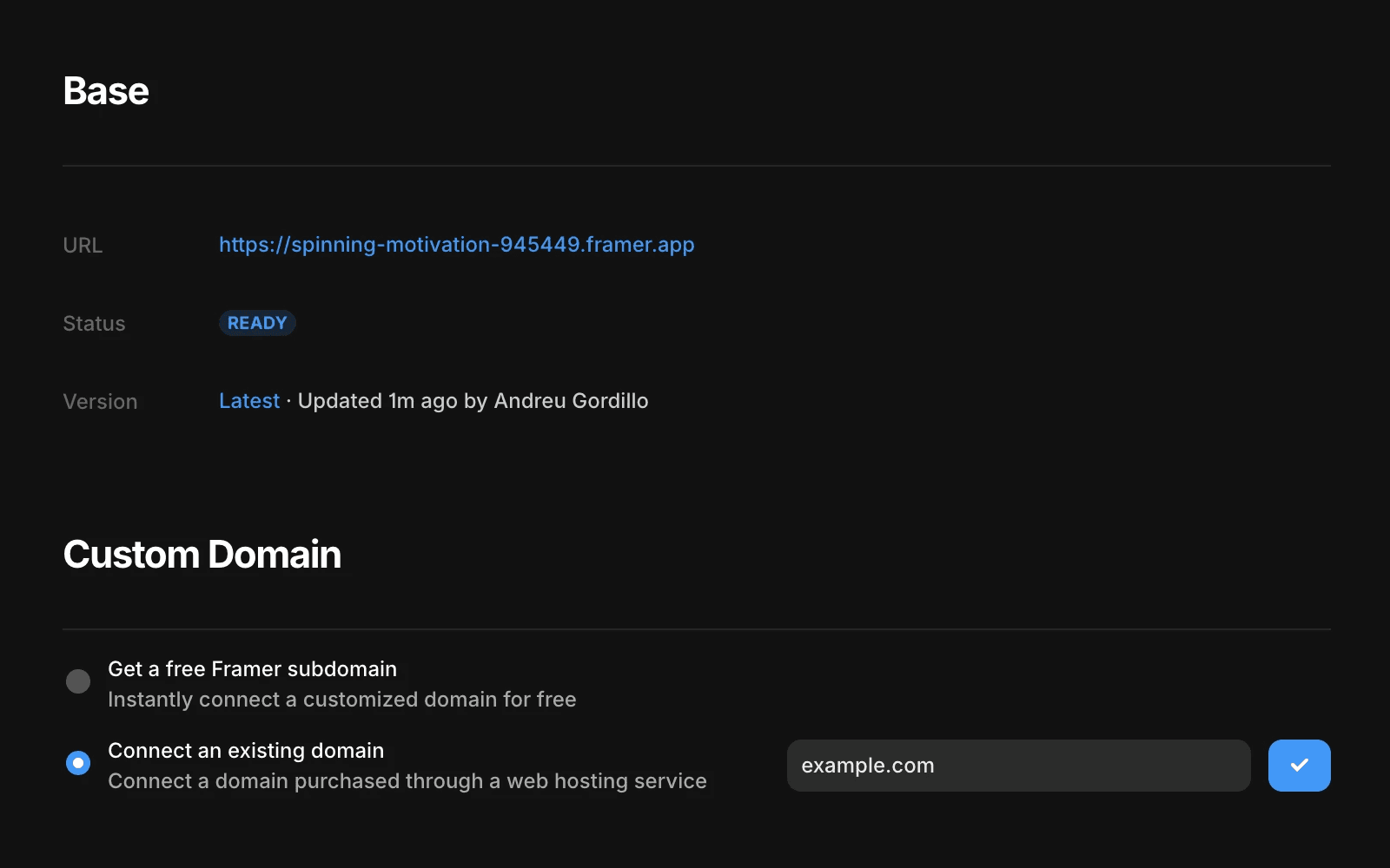 Framer domain settings with a connected custom domain