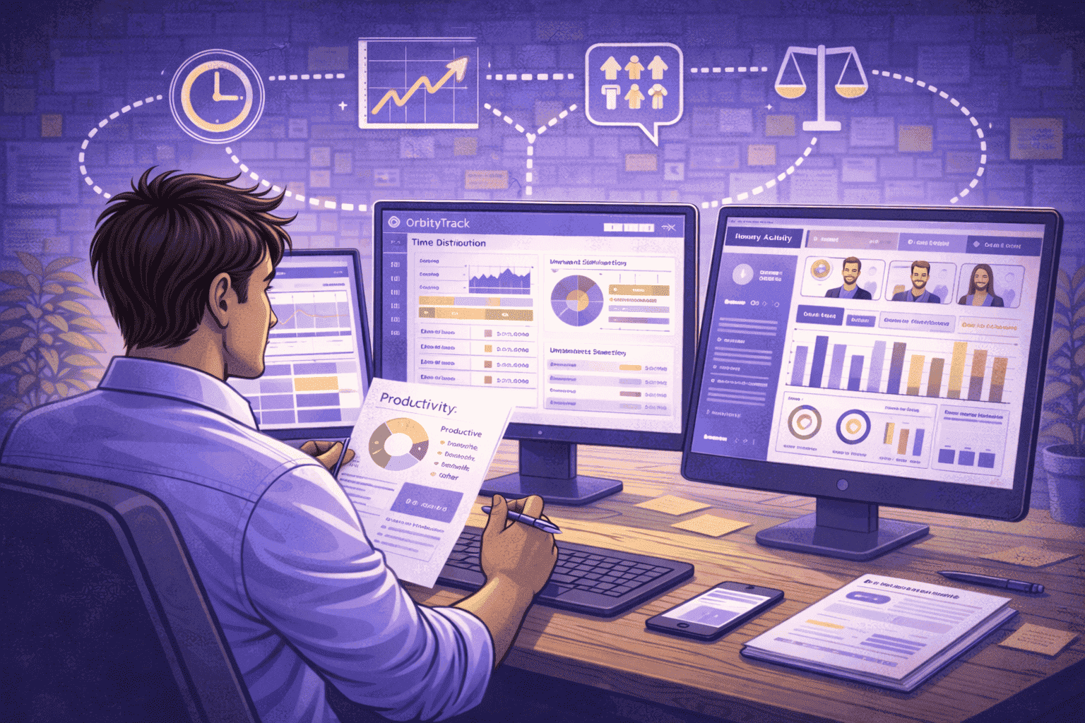 Manager analyzing productivity data dashboards with charts and metrics to understand team performance and workload distribution