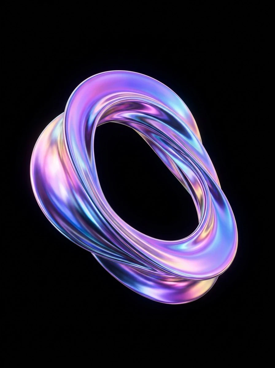 Iridescent chrome ribbon sculpture on black