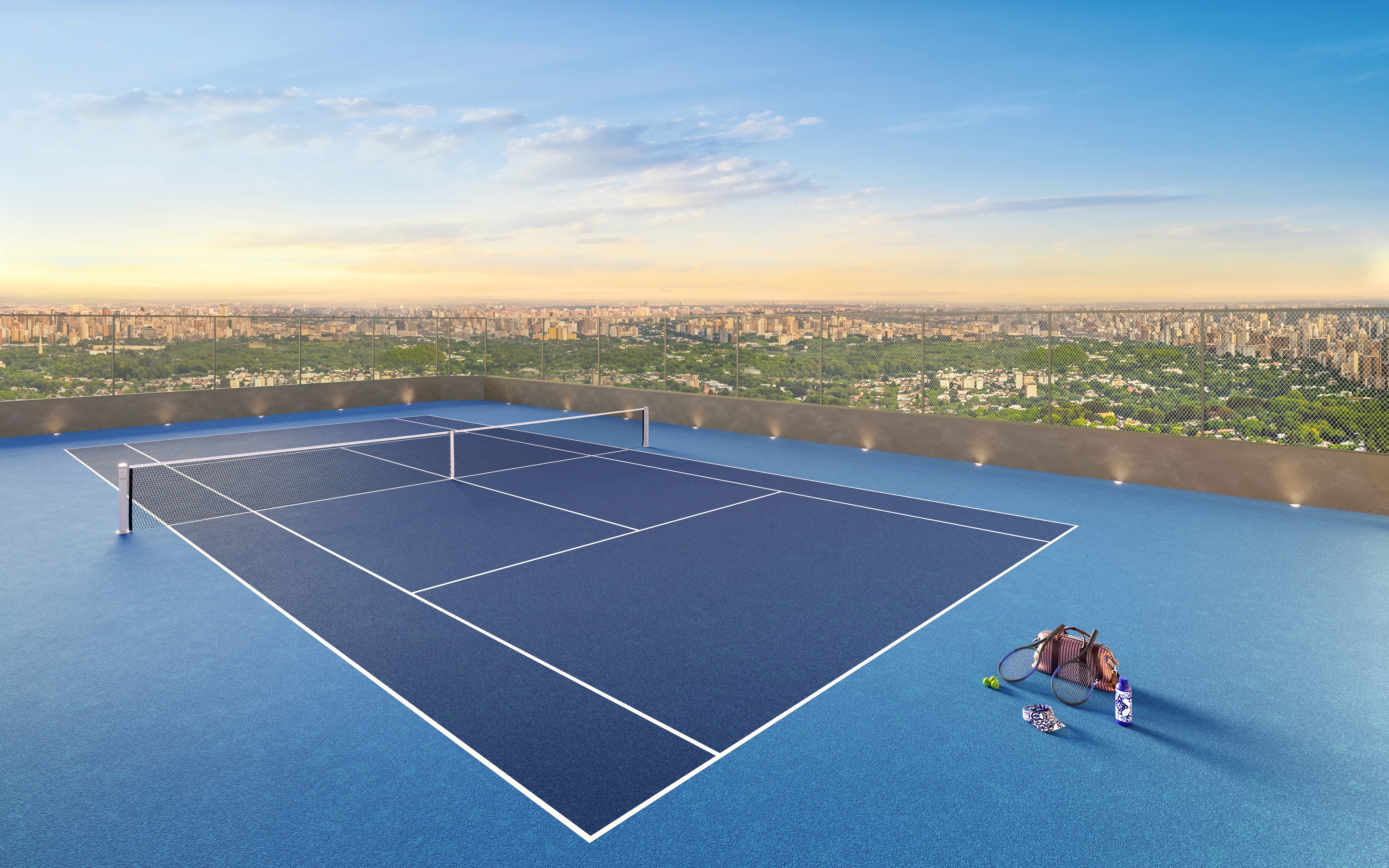 Curved modern skyscraper against a clear blue sky.