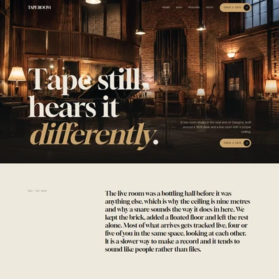 Analogue recording studio website built with AI showing a dark hero with a gold serif headline above a paragraph about the live room