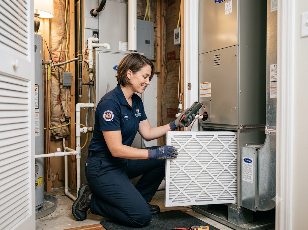 Licensed HVAC technician performing a seasonal AC tune-up and filter change in a Florida home utility closet